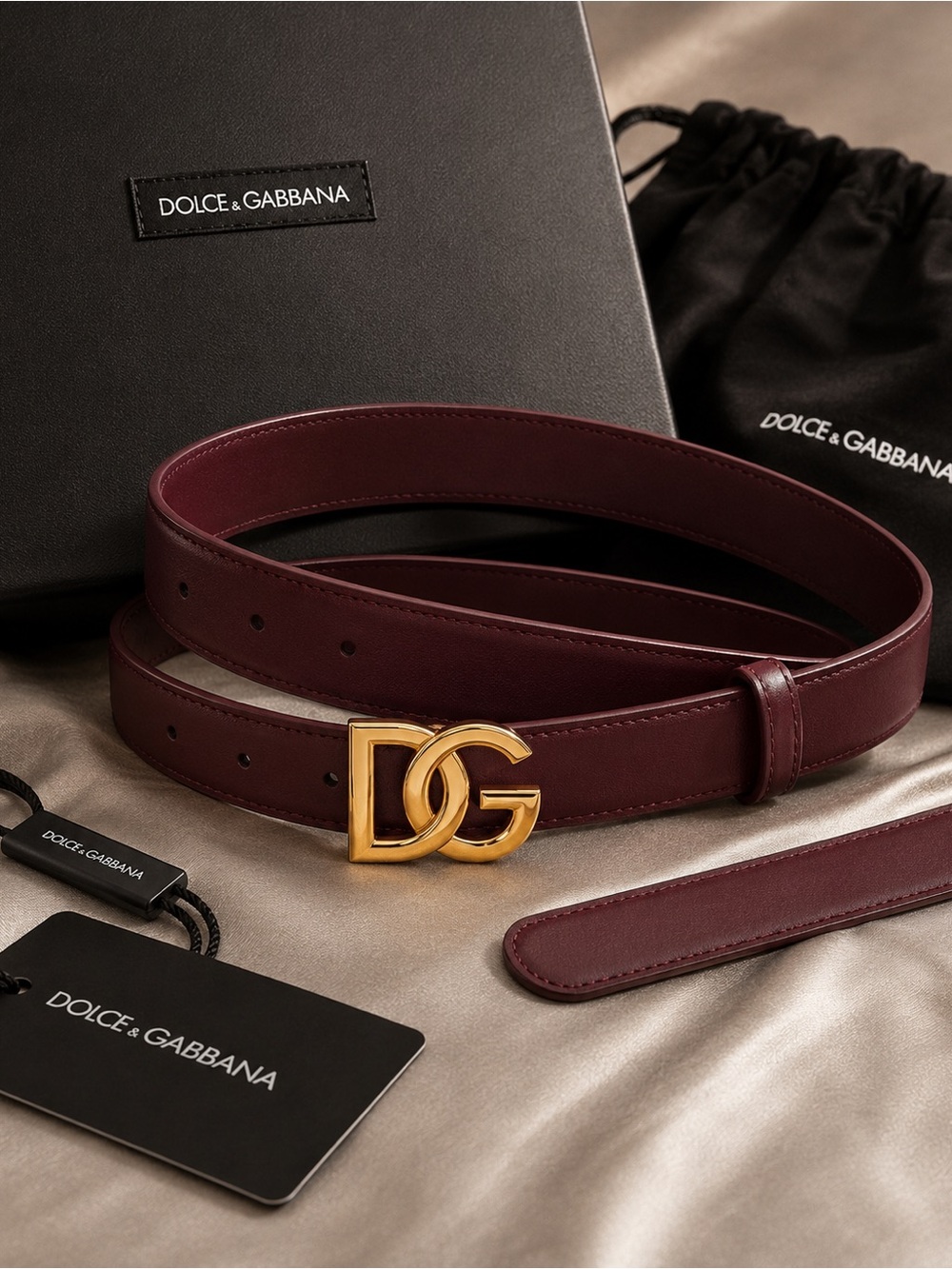 NWT Dolce & Gabbana Bordeaux DG Logo Leather Belt Gold Buckle 105/42 Fits 38-40